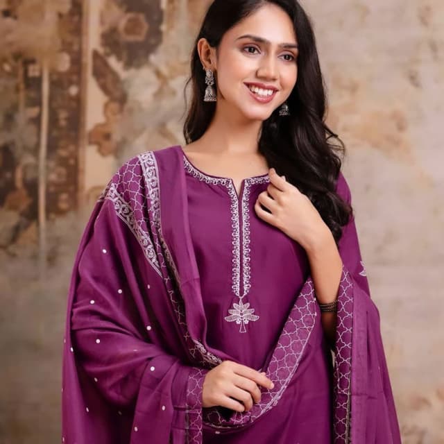 Deep Purple with Silver/White embroidery Kurta Set with Dupatta