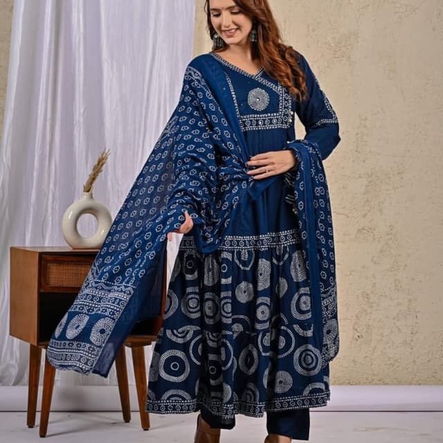 Deep Blue with White Print Kurta Set (Kurta, Pants, Dupatta)