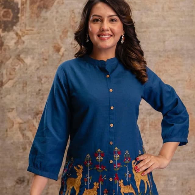 Deep Blue with Golden, Red, Green, and White embroidery Kurti
