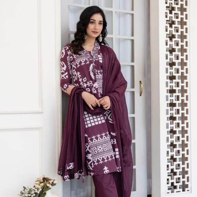 Deep Plum and White Kurta Set with Dupatta