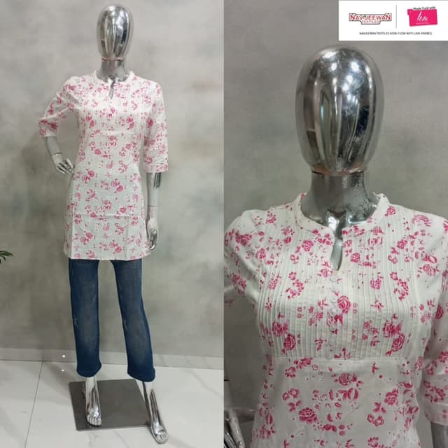 White with pink floral print Kurti