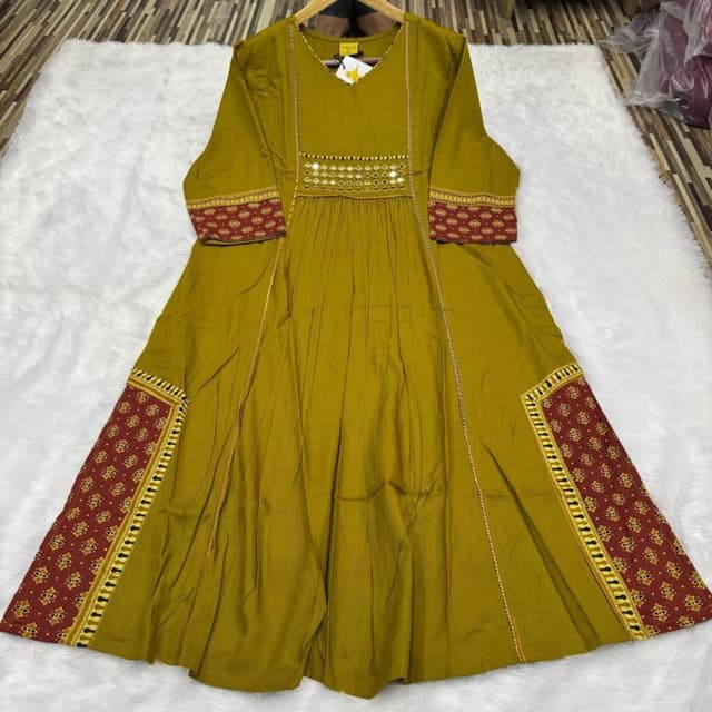 Olive green, Maroon, Yellow, Gold Anarkali Dress