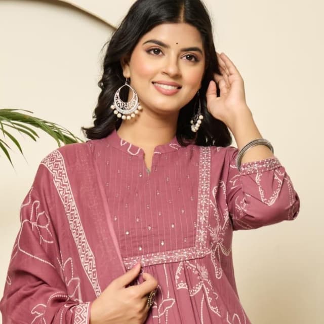 Rosewood with white prints Kurta with Dupatta