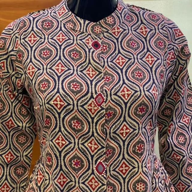 Navy blue, Red, Beige, Grey, with hints of gold and silver Kurti