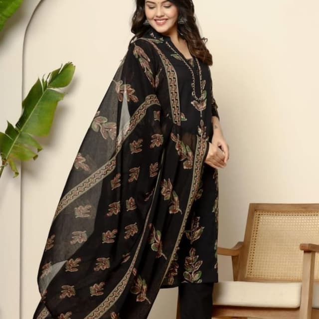 Black with brown, green, and beige floral print Salwar Kameez Set