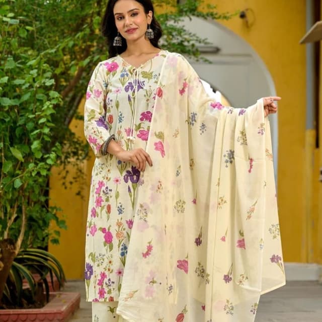 Off-white with floral print in pink, purple, and green Kurta Set with Dupatta