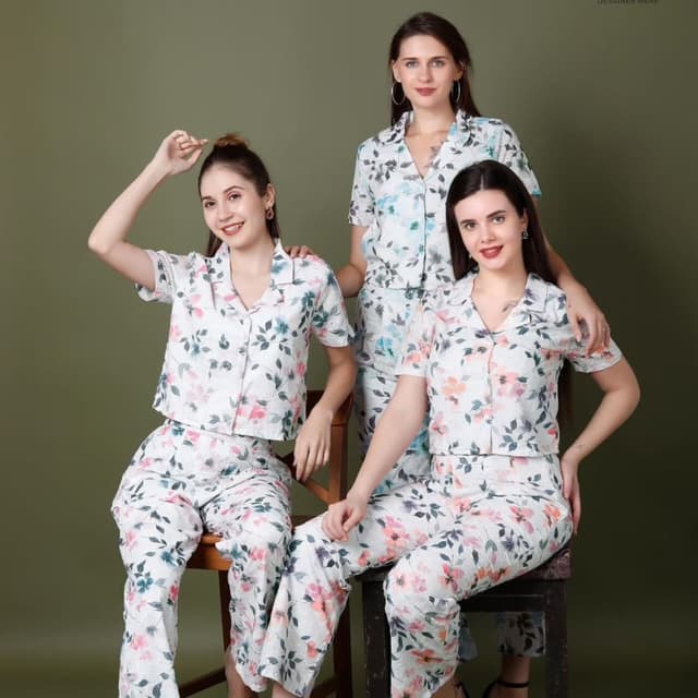 White with multi-colored floral print (pink, blue, green) Pajama Set