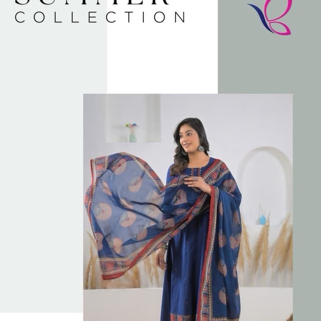 Deep Blue, Red, Beige, White Salwar Kameez Set