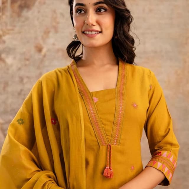 Mustard Yellow with Pink and Green accents Kurta Set