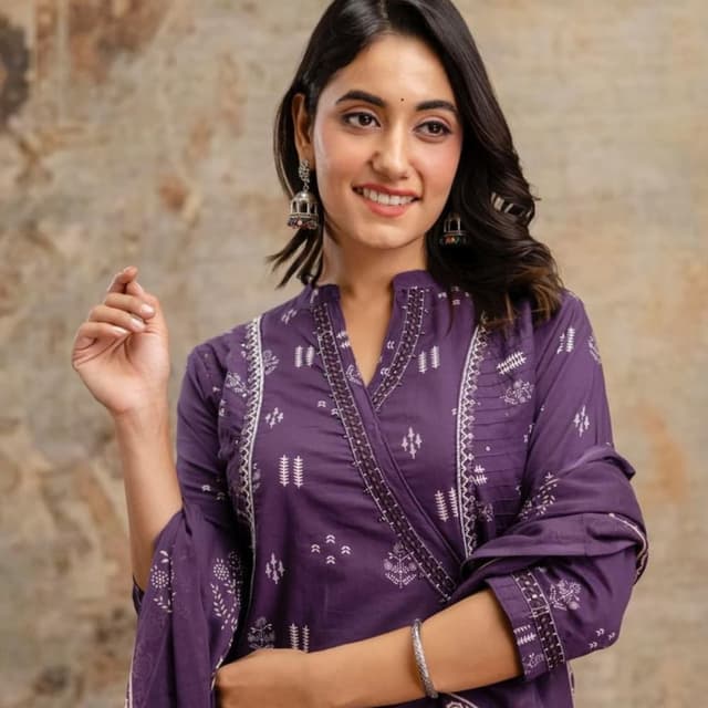 Deep Purple with White Print Kurta Set