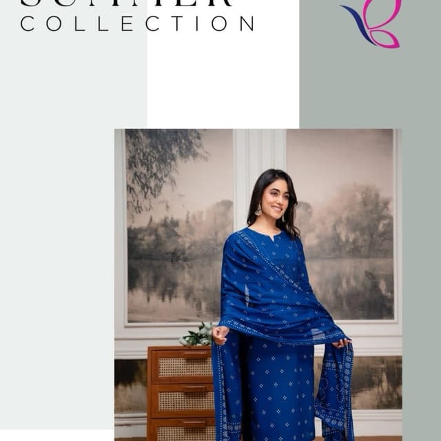 Royal Blue with White Print Kurta Set with Dupatta