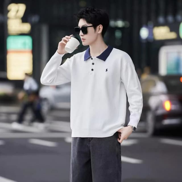 White with navy blue collar Long-sleeved Polo Shirt