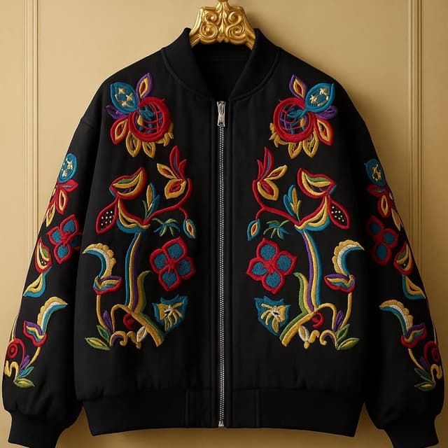 Black with multi-colored embroidery (red, blue, yellow, green, purple, gold) Bomber Jacket