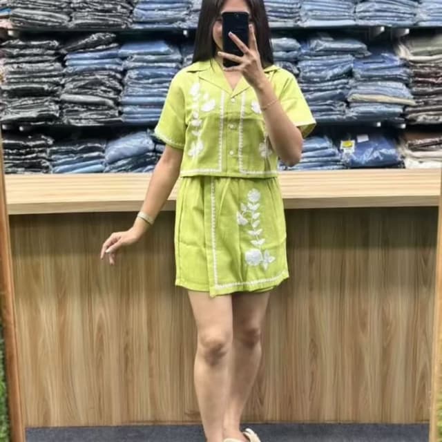 Lime Green with White Embroidery Two-piece set (Top and Skirt)