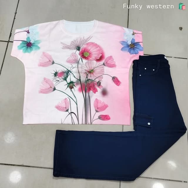 Pink gradient with floral print, Navy blue T-shirt and Pants Set