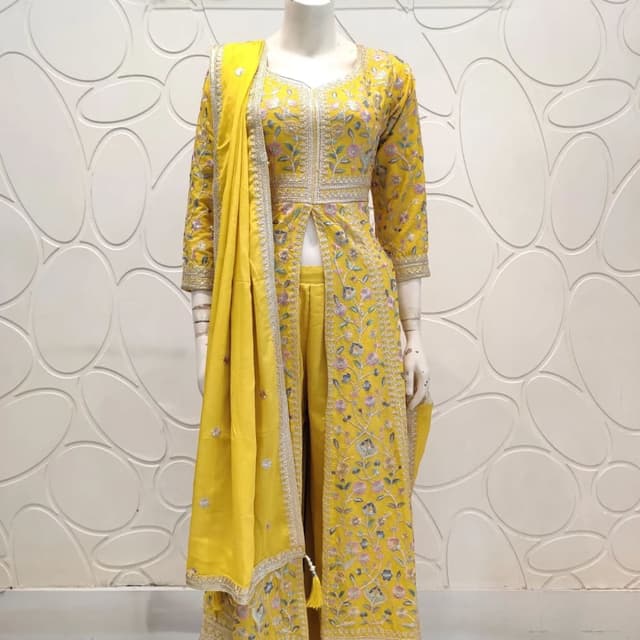 Yellow, White, Blue, Pink, Green Jacket with Palazzo Pants and Dupatta
