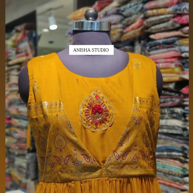 Yellow with red and gold accents Anarkali Kurti/Dress