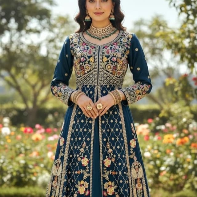 Teal blue with intricate gold, pink, and yellow embroidery Anarkali Suit with Jacket
