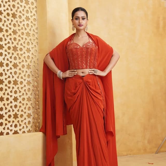 Burnt Orange Draped Skirt with Corset Top and Cape