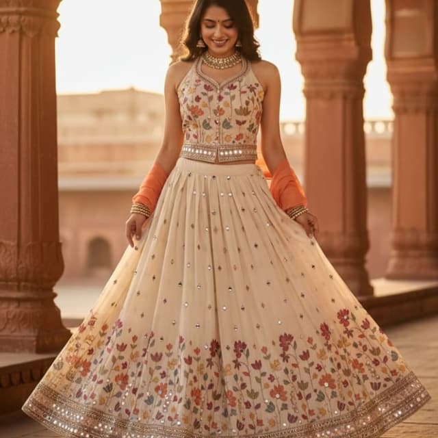 Cream with floral prints in red, orange, yellow, green, and purple, complemented by a bright orange dupatta. Lehenga Choli