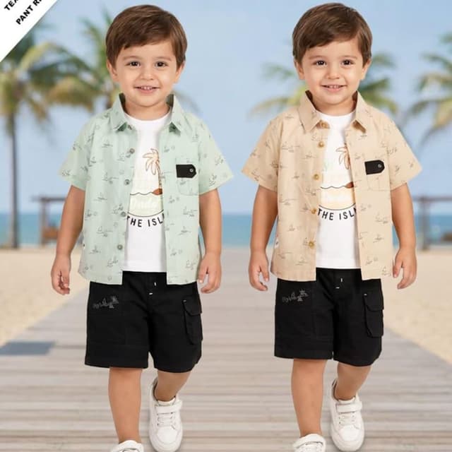 Light Green, Beige, White, Black Shirt and Shorts Set