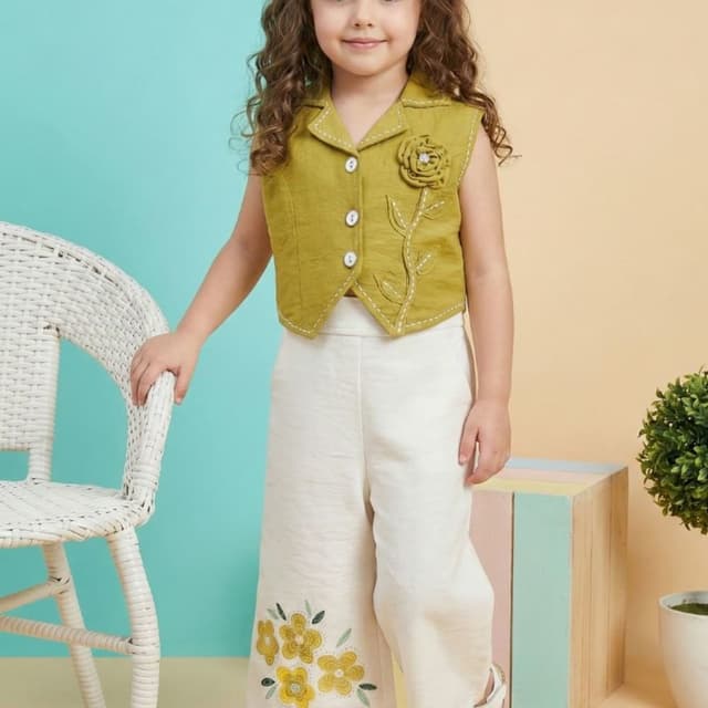 Olive green and cream with yellow floral accents Co-ord Set (Vest-style top and culottes)