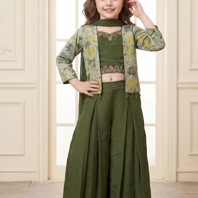 Olive Green with Floral Print accents in Yellow and Pink Lehenga Choli with Jacket