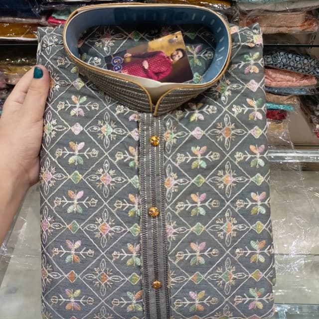 Grey with multi-color embroidery (pink, green, orange, yellow) Kurta
