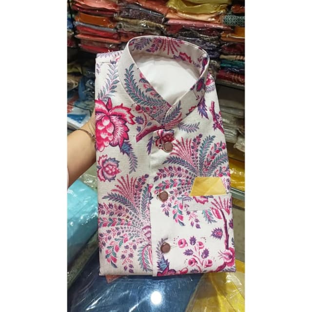 Cream with pink, purple, and green floral and paisley print, accents of gold Nehru Jacket / Modi Jacket
