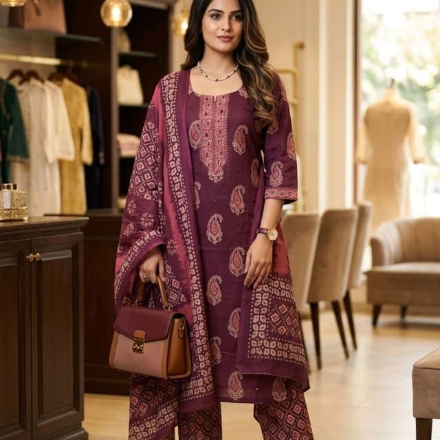 Deep Purple and Beige Kurta Set with Dupatta
