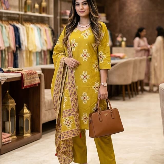 Mustard Yellow with Red, White, and Purple accents Salwar Kameez Set