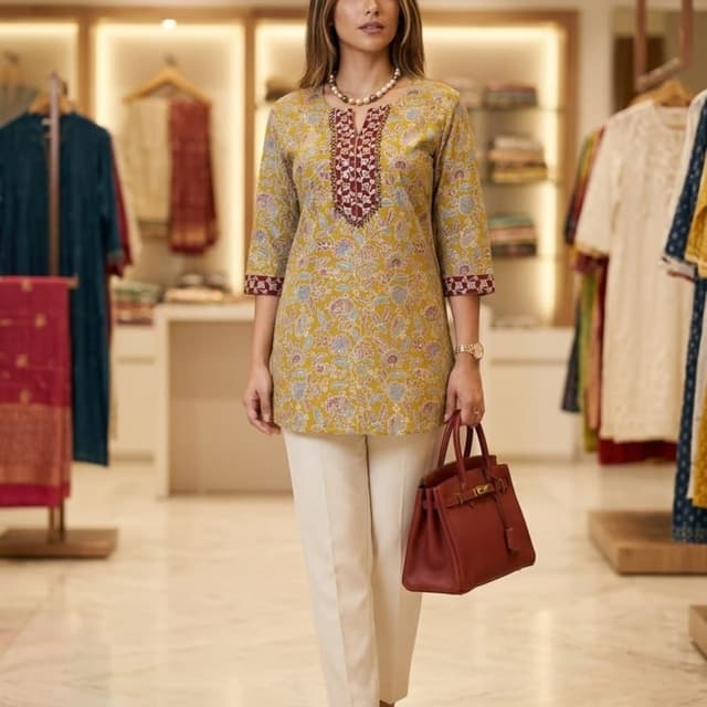 Mustard yellow with floral print in blue, pink, and grey, maroon neckline and cuff detail Kurti