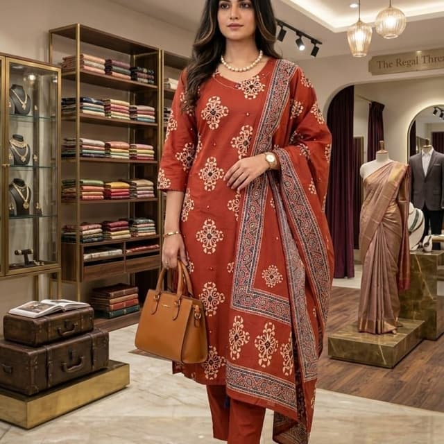 Rust Orange with cream and dark blue print Salwar Kameez Set