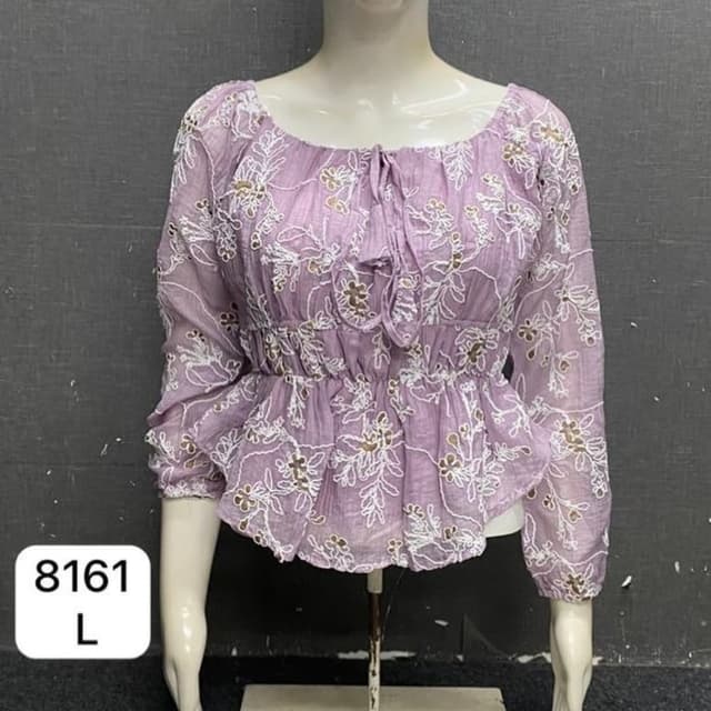 Lavender with white and gold floral embroidery Peplum Top