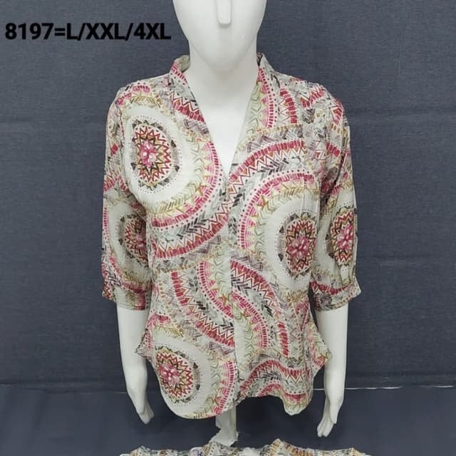 Multicolor with dominant white, pink, maroon, beige, and grey tones Blouse