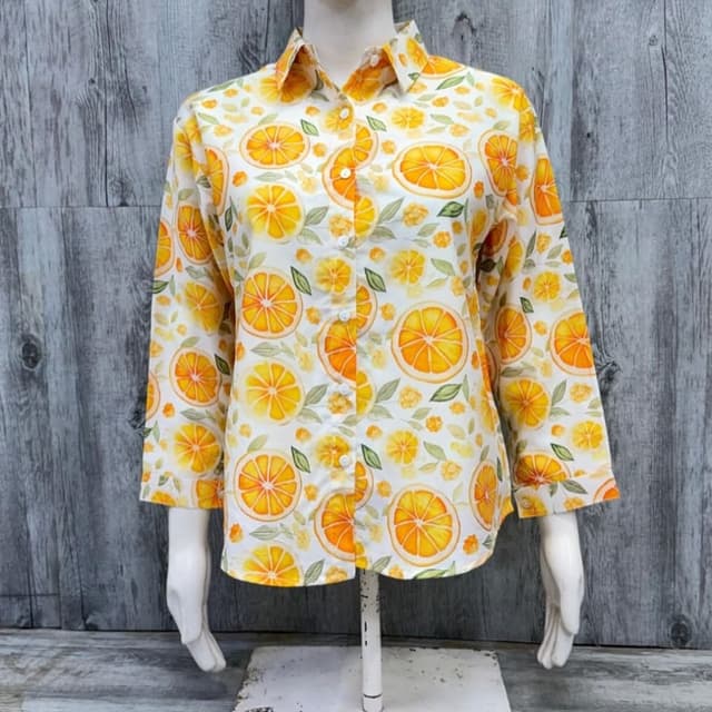 White, Orange, Yellow, Green Shirt