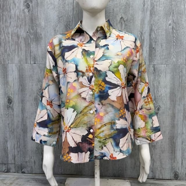 Multi-colored abstract floral print with white, blue, green, yellow, brown, and pink accents Shirt