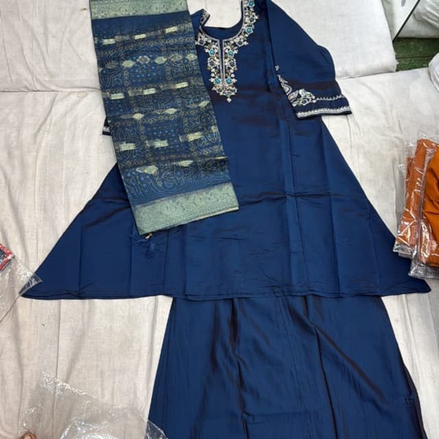 Deep Blue, Teal, Silver, White Kurta Set with Dupatta