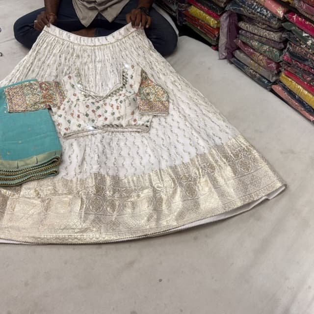 White, Gold, Multi-color floral print Lehenga Choli