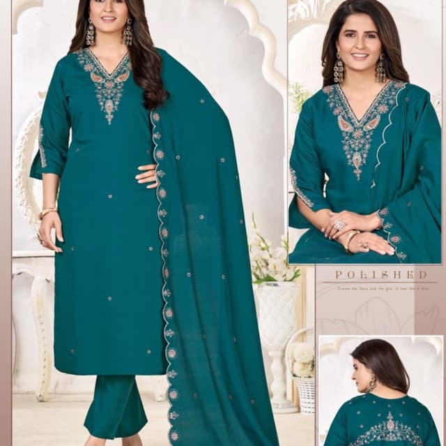 Teal Green with multicolored embroidery Salwar Kameez