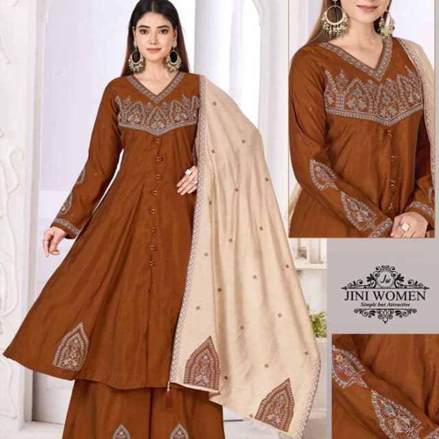 Brown and Beige Kurta set with Palazzo and Dupatta