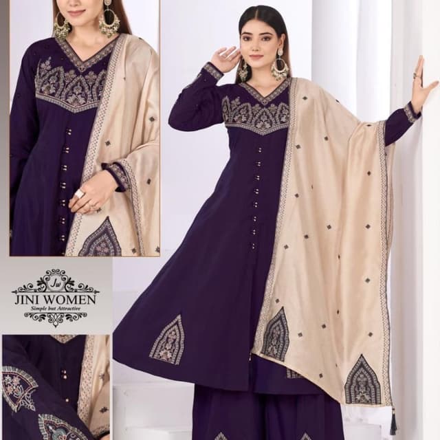 Deep Purple with Beige accents Anarkali Suit Set with Palazzo Pants and Dupatta
