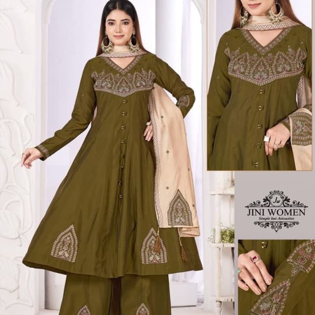 Olive Green, Beige, Multicolor embroidery Kurta Set with Palazzo