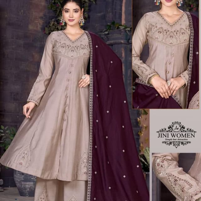 Beige, Plum, Silver embroidery Anarkali Suit with Palazzo Pants and Dupatta