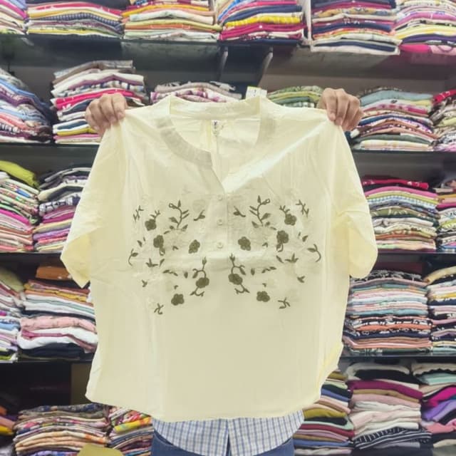 Pale Yellow with Olive Green embroidery Kurti
