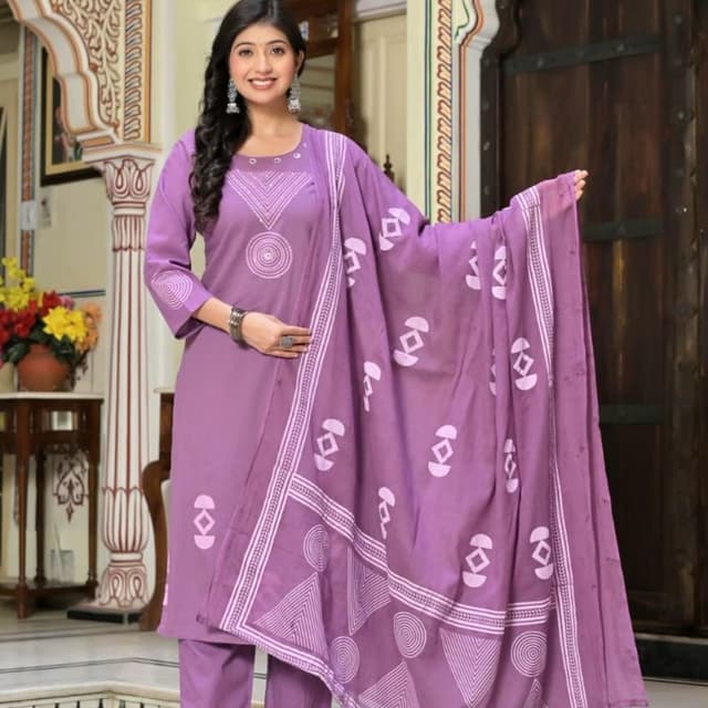 Lavender Purple with White Print Kurta Set