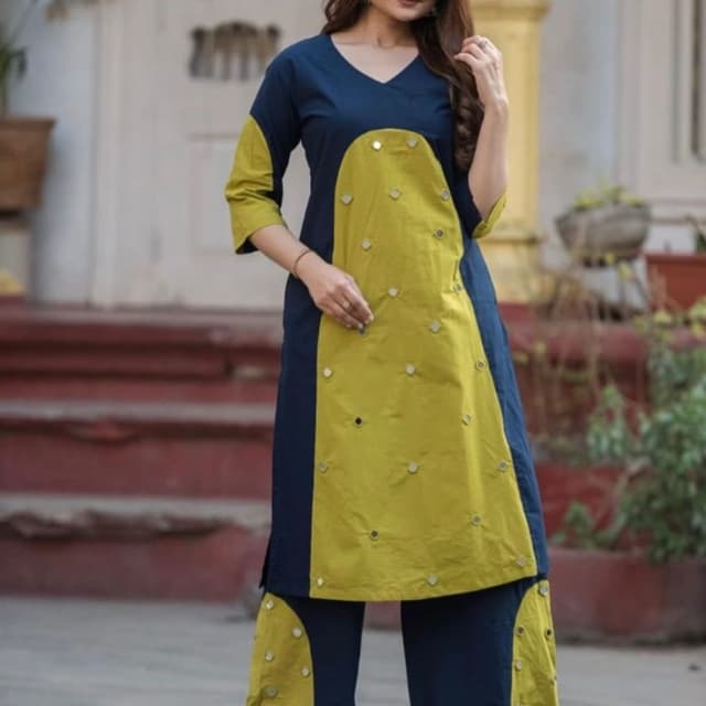 Navy Blue and Mustard Yellow Kurta and Pants Set