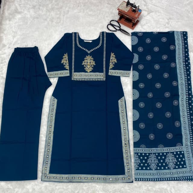 Deep Blue with Gold and White Embroidery Kurta Set