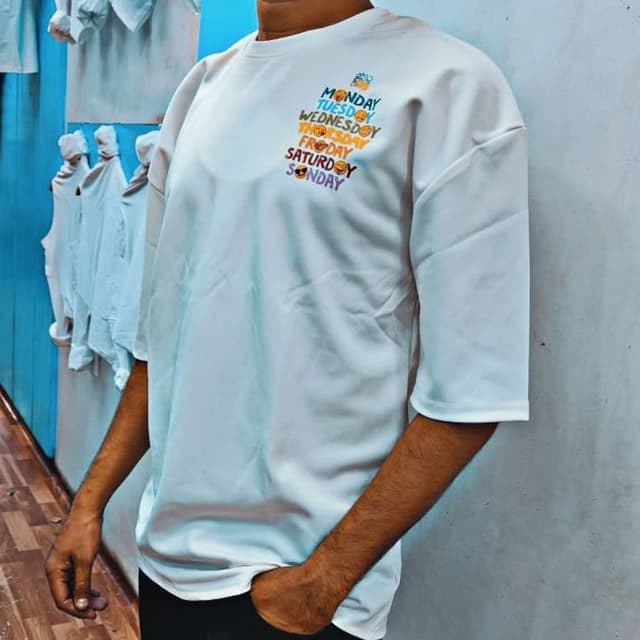 White, with multi-colored print T-Shirt