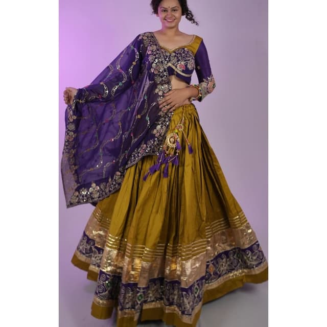 Mustard Yellow, Deep Purple, Gold, Silver, Multicolor accents Lehenga Choli